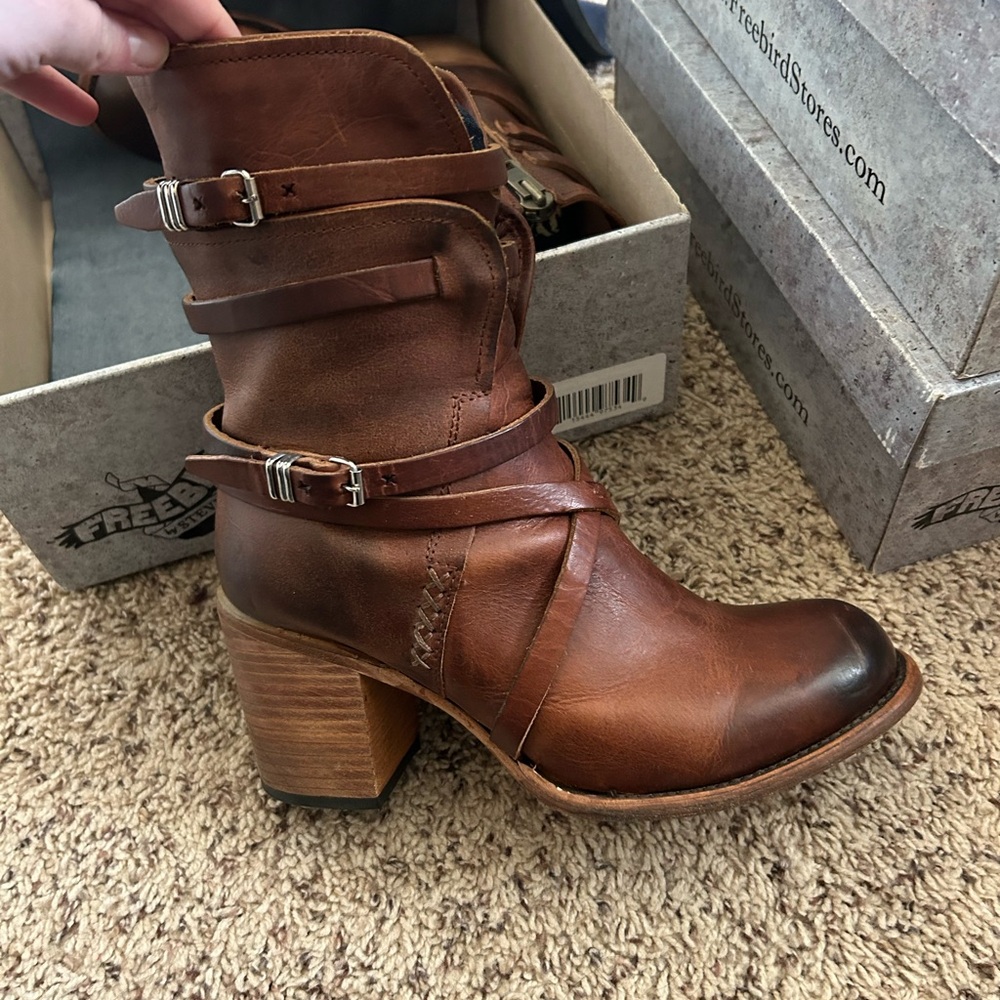 Freebird Brown Heeled Boots with Decorative Straps
